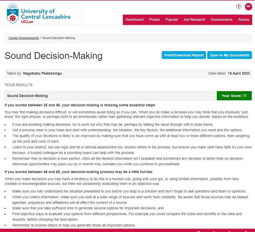 UCLan Career Edge Sound Decision-Making Online Test